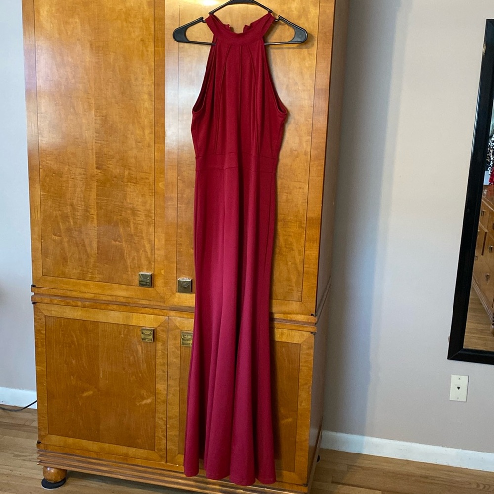 Red halter neck dress that flares out at the bottom